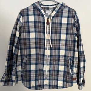 EUC L.L. Bean women’s M relaxed fit Blue/Brown Plaid Zip-Up Flannel Hoodie Shirt